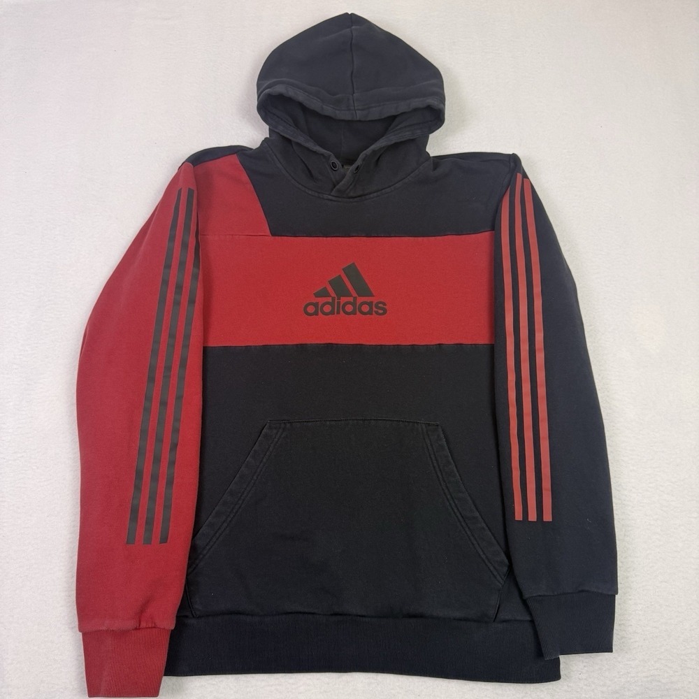 Adidas‎ Mens Hoodie Large Black Red Colorblock 3-Stripe Pullover FP7924 Athletic